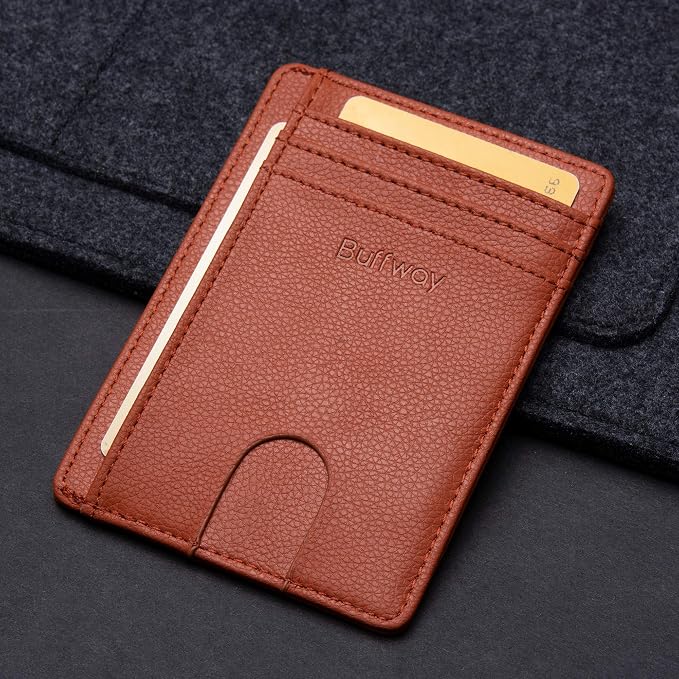 Buffway Slim Minimalist Front Pocket RFID Blocking Leather Wallets for Men and Women - Lichee Light Brown - Image 4