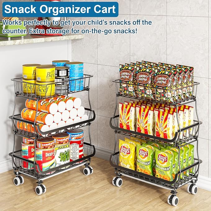 OKZEST 3-Tier Rolling Pantry Floor Organizers and Storage Cart with Wheels | Fits under pantry shelf, Stackable kitchen pantry baskets with dirt catch tray, Holds drink, snack, can, potato, onion, fruit - Image 5