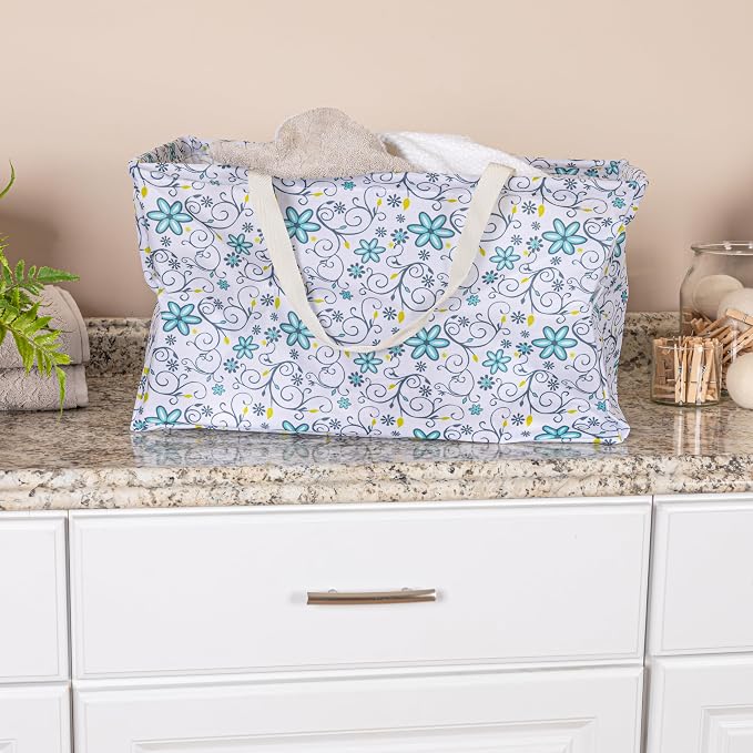 Household Essentials White and Blue Floral Krush Container All-Purpose Utility Tote - Image 2
