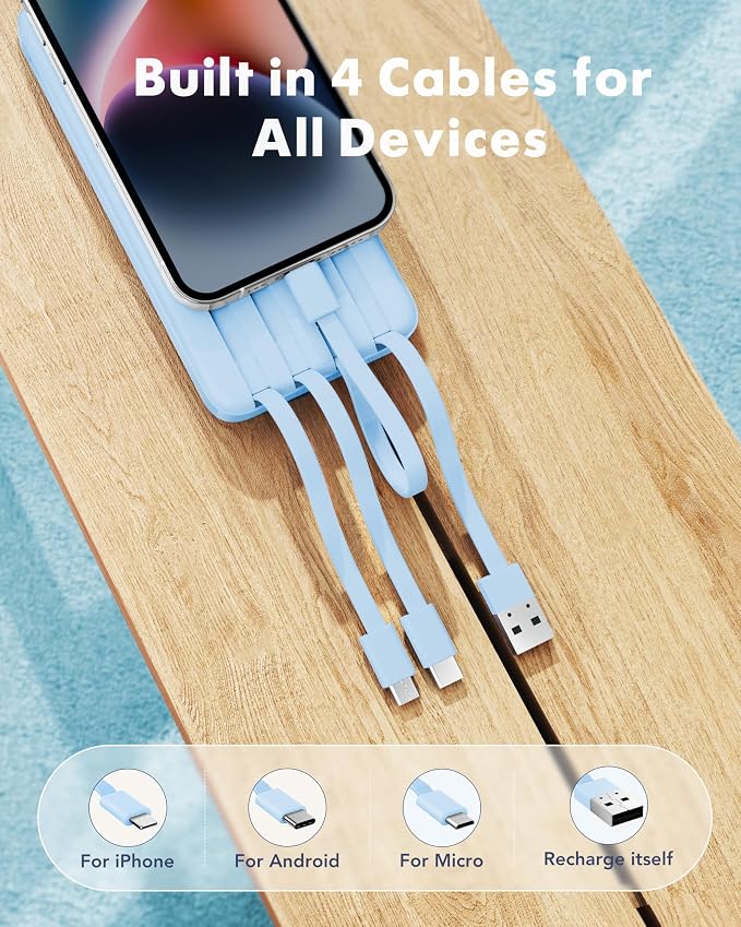 charmast Power Bank Portable Charger with Reinforced Built-in 4 Cables | 3A Fast Charging,10000mAh,6 Outputs 3 Inputs,Travel Essentials,TSA Compliant,LED Display,compatible with iPhone Samsung Moto - Image 2