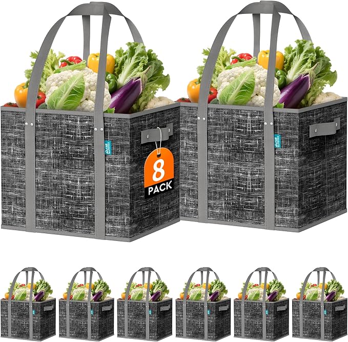 Fab totes Reusable Grocery Bags, Large Foldable Shopping Tote Bags with Reinforced Handles & Hard Bottom,8 Pack, Black by Fabtotes