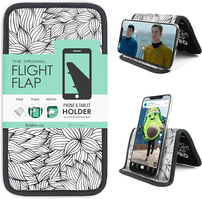 Airplane Phone Holder - Foldable Phone Stand for Plane Travel | Aluminum Build, 9 x 5 in. Mono Floral, Tabletop Mount Desk, Plane Tray Seat back, Treadmill, Fits iPhone Cell Phone by FlightFlapbyFolden
