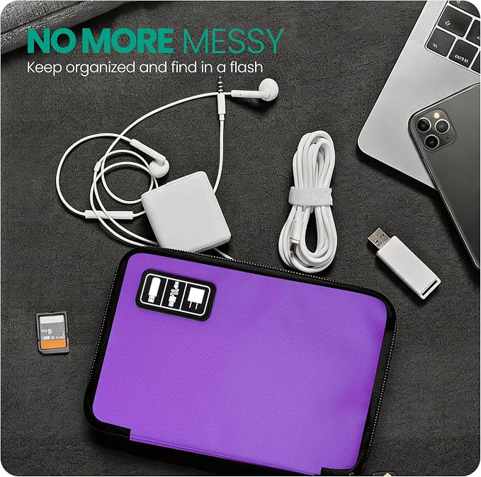 Cord Organizer Travel, Electronics Organizer Tech Pouch - Portable Cable Organizer Bag for Cords, Charger, Phone, SD Card, Power Bank for Travel & Daily Use -Purple Green - Image 2