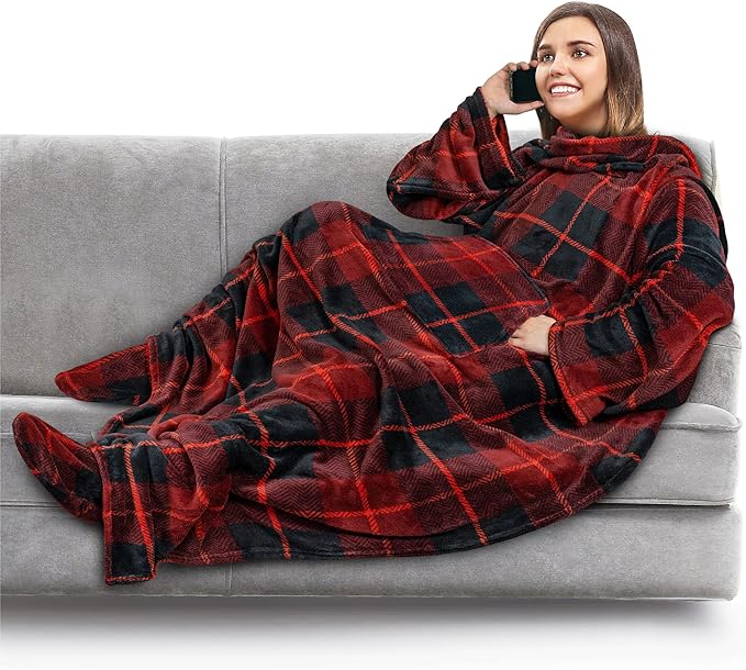 PAVILIA Fleece Blanket with Sleeves, Foot Pockets for Women Men Adults, Plush Wearable Blanket Throw Wrap, Warm Snuggle Blanket Robe, Cozy Gift Ideas Wife Mom, Plaid Red by PAVILIA