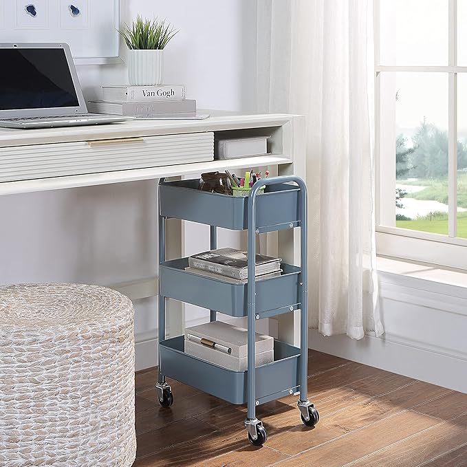 SunnyPoint 3-Tier Delicate Compact Rolling Metal Storage Organizer - Mobile Utility Cart Kitchen/Under Desk Cart with Caster Wheels - Blue (15.35" X 10.24" X 26.8"H) - Image 2