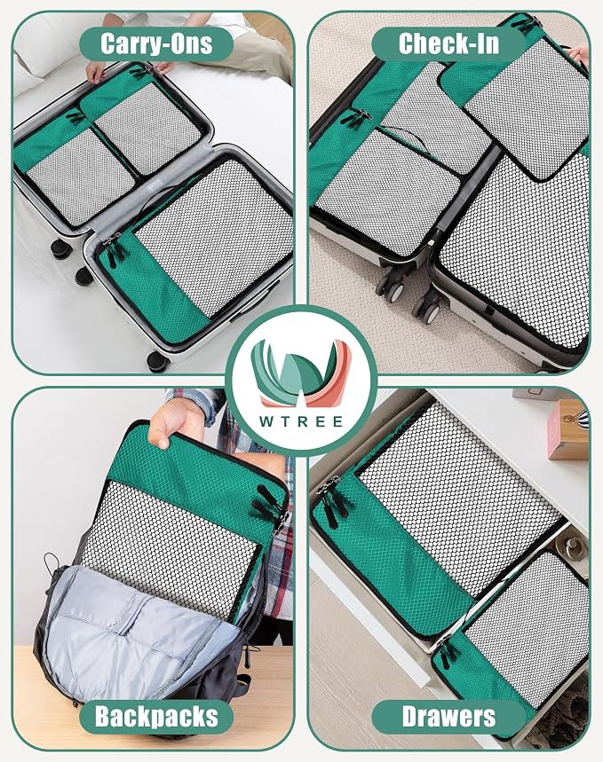 WTREE 4-Piece Packing Cubes Travel Accessories Set for Suitcases - Luggage Organizer Bags with Double Zipper - Mesh Top - Large - Green - Image 7