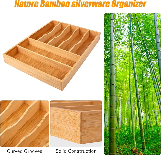 Bellsal Bamboo Silverware Drawer Organizer, Kitchen Utensil Drawer Organizers, 12"x15.7" Utensils Holder Cutlery Tray with Grooved Drawer Dividers for Kitchen Flatware Bedroom Office(7 Slot, Natural) - Image 5
