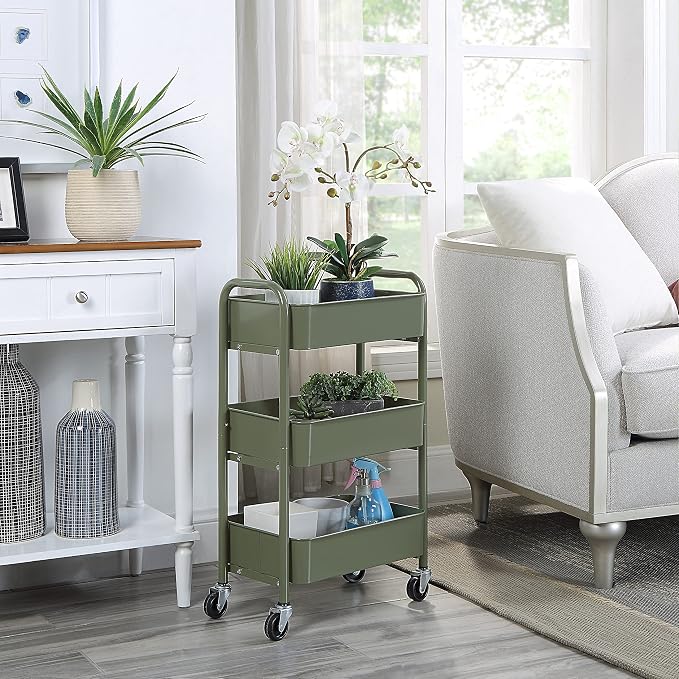 SunnyPoint 3-Tier Delicate Compact Rolling Metal Storage Organizer - Mobile Utility Cart Kitchen/Under Desk Cart with Caster Wheels - Army (15.35" X 10.24" X 26.8"H) - Image 2