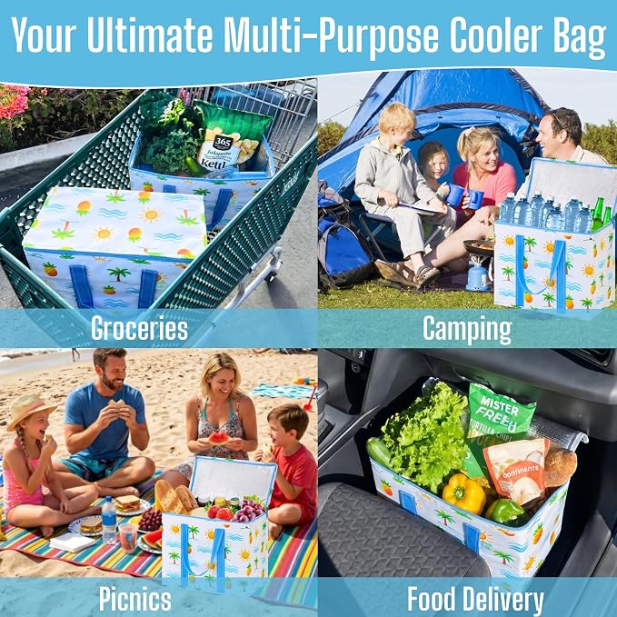 VENO 2 Pack Insulated Cooler Bag Reusable Grocery Bag for Food Delivery | Heavy Duty Large Collapsible Cooler Shopping Tote w/ Zippers, Foldable, Stands Upright for Camping (Tropical Island, 2 Pack) - Image 5
