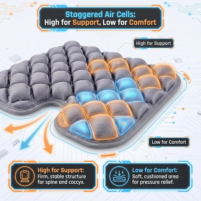 Inflatable Seat Cushion for Long Sitting, 54 High-Low Air Cell Travel Seat Cushion for Airplane, Office Chair, Car & Wheelchair, Adjustable Firmness Pressure Relief Seat Pad, 16.5" x 15.8" - Image 3