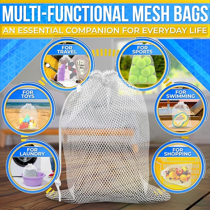 5 Pcs Small Mesh Bags with Tight Closure, 11.8 x 7.48", Nylon (White) | Mesh Laundry Bags Drawstring for Delicates; Multipurpose for Storing Balls, Clothes, Sports Gear, Beach Supplies & Travel Use - Image 5