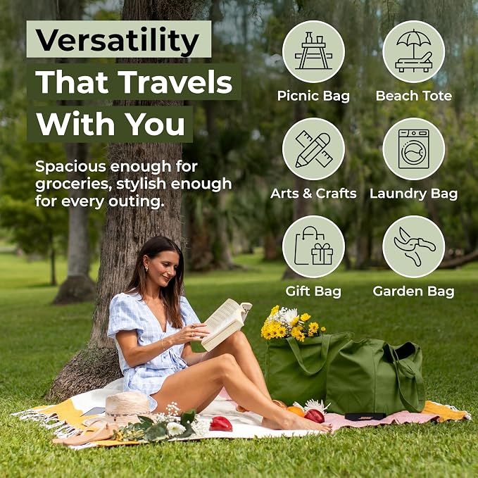 VeraMia Canvas Grocery Bag 3pc XL Set with Real Pockets, Long Shoulder Strap and Short Handle. Heavy Duty, Foldable, Washable - Image 5