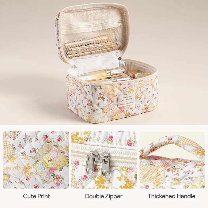 HBselect Quilted Makeup Bag, 3Pcs Cotton Large Travel Makeup Bags Organizer | Cute Floral Make up Bag Cosmetic Bag Toiletry Bag for Women Girls, Makeup Pouch for Skincare, Brushes & Travel Essentials - Image 3