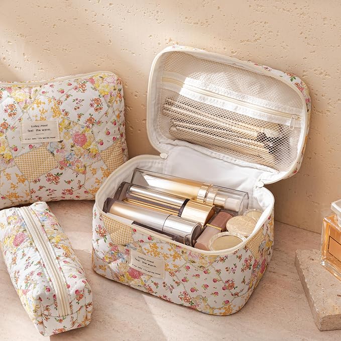 HBselect Quilted Makeup Bag, 3Pcs Cotton Large Travel Makeup Bags Organizer | Cute Floral Make up Bag Cosmetic Bag Toiletry Bag for Women Girls, Makeup Pouch for Skincare, Brushes & Travel Essentials - Image 2