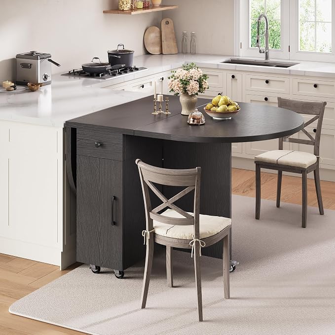 Jocoevol Round Folding Dining Table for 4, Space Saving Drop Leaf Kitchen Table with Storage Drawer, 6 Wheels Oval Gateleg Foldable Dining Table for Small Spaces(Black 47 * 23.6 * 30) - Image 5