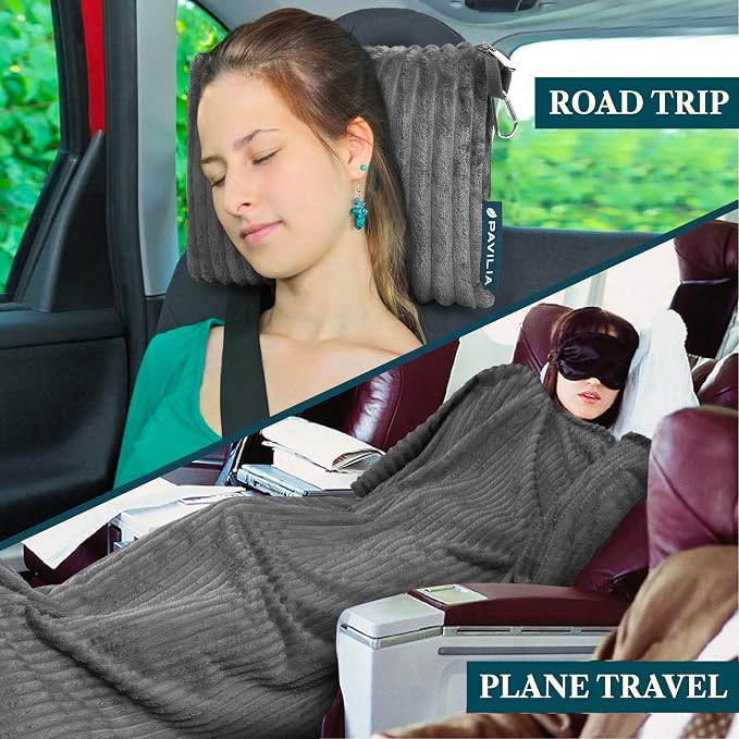 PAVILIA Travel Blanket Pillow, Soft Ribbed Fleece Airplane Blanket, Gray | 65x40, Compact Packable Plane Throw with Bag, Luggage Strap and Back Pocket, Cozy Flight Essentials Travelers Camping Gift - Image 7