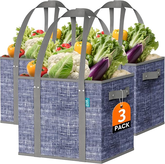 Fab totes Reusable Grocery Bags，Foldable Shopping Tote Bags | Large Shopping Tote Bags with Reinforced Handles & Hard Bottom,3 Pack,Blue by Fabtotes