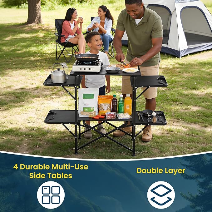 Slim-Fold Camping Kitchen Table, Metal Folding Portable Outdoor Cook Station with 4 Side Tables, 2 Storage Shelves & Carrying Bag, Heat Resistant for Picnic BBQ,Upgraded Black - Image 8