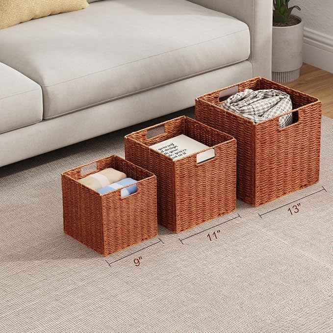 Wicker Storage Basket, Set of 2 Hand-Woven Paper Rope Wicker Baskets, Foldable Cube Storage Bins, 11 inch Storage Basket, Square Baskets for Organizing Shelves & Decor, Orange (11″×11″×11″) - Image 8