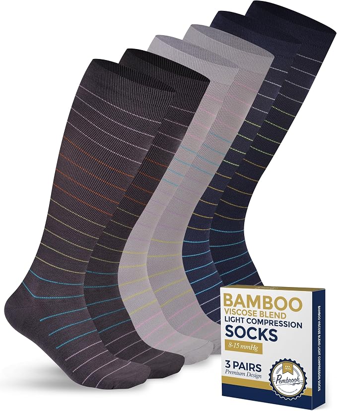 Pembrook® Bamboo Viscose Light Compression Socks - 3 Pairs | 8-15 mmhg Compression Socks | Knee High Comfort Support Socks by Pembrook