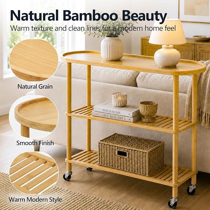 3-Tier Rolling Entryway Table, Bamboo Console Table with Anti-Fall Edge & Wheels, Oval Narrow Hallway Table for Entryway, Living Room, 30.6” Slim Sofa Side Table, Shoe Rack Shelf or Plant Stand - Image 6