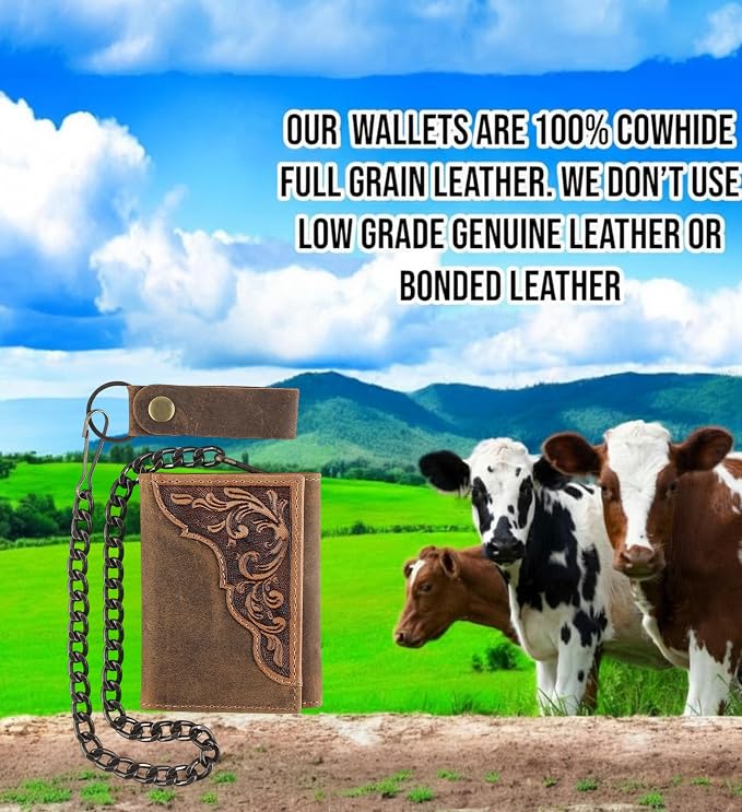 F&L CLASSIC RFID Blocking Men's Tri-fold Vintage Biker Cowhide Leather Steel Chain Wallet,Snap closure, brown, western style,315-83 - Image 6