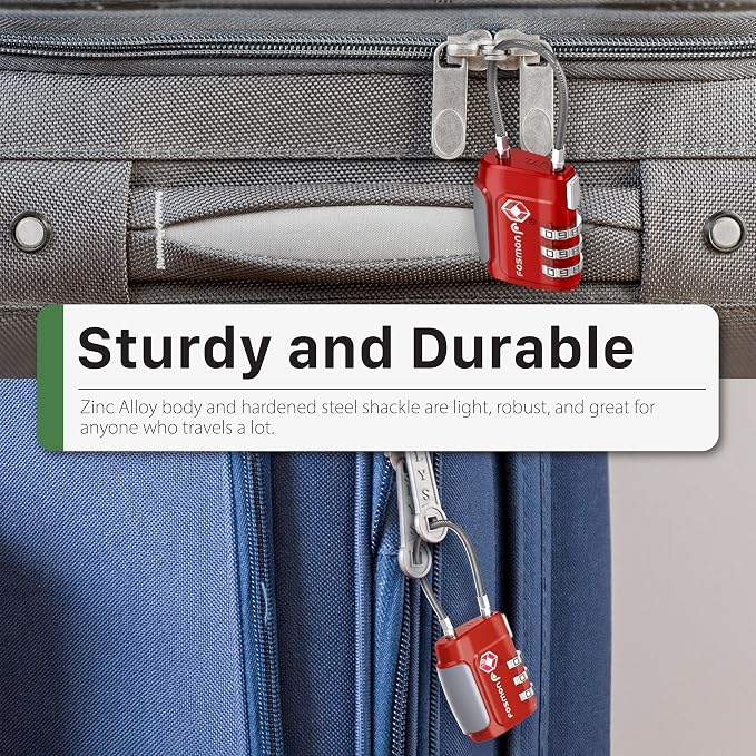 Fosmon TSA Approved Cable Luggage Locks, 3 Digit Combination, 2 Pack Red | Push Release Button, Re-settable Combo, Durable Alloy Body, Suitcase Travel Lock, Travel Bag Cable Padlock - Image 5