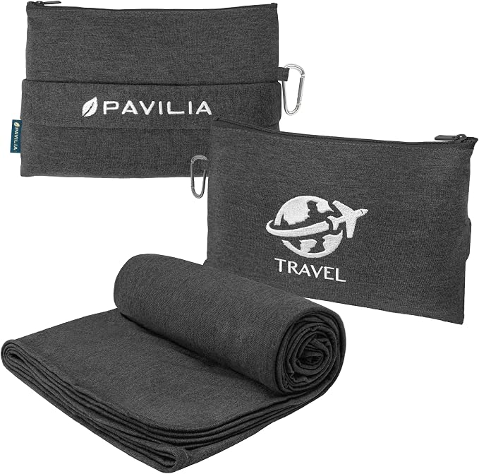 PAVILIA Travel Blanket Airplane Compact with Bag, Small Travel Pillow Blanket for Long Flights, Lightweight Plane Blanket with Luggage Strap, Camping Blanket for Traveler Essentials, Black, 65x40 by PAVILIA
