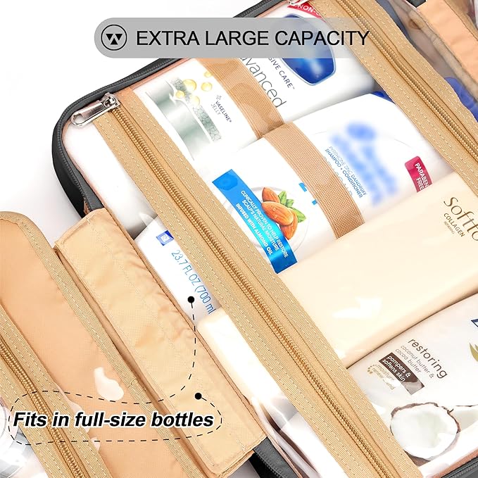 Travel Hanging Toiletry Bag for Women, Holds Full-Size Shampoo, with Jewelry Organizer Compartment, Extra Large Makeup Bag, Waterproof Cosmetic Bag, Toiletries Kit Set with Trolley Belt, Black - Image 4