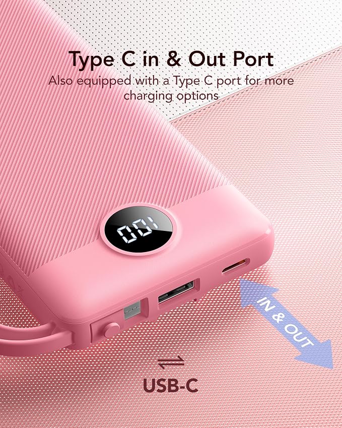 VRURC Portable Phone Charger, Built-in 4 Cables USB C Power Bank 10000mAh | Slim Power Bank for Travel,5 Output 2 Inpput Charging Bank,Multi Devices Battery Pack for iPhone,Android-Barbie Pink(1 Pack) - Image 5