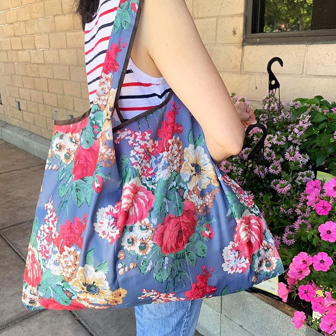 allydrew Large Foldable Tote Nylon Reusable Grocery Bags, Peacocks & Peonies - Image 3