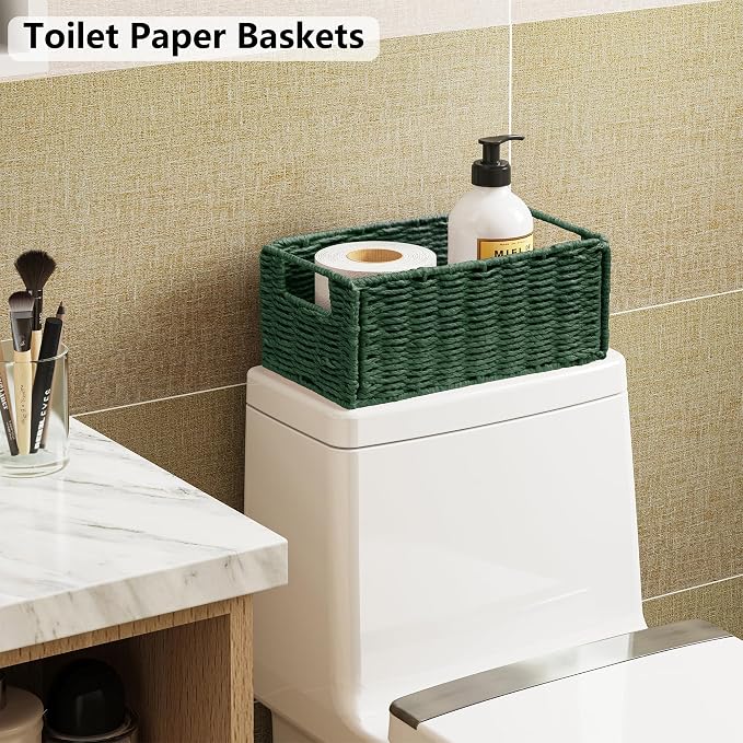 Wicker Storage Basket, Set of 2 Hand-Woven Paper Rope Wicker Basket, Small Storage Baskets for Organizing Toilet Paper, Foldable Small Cube Organizer Bins for Shelves and Bathroom (Green) - Image 6