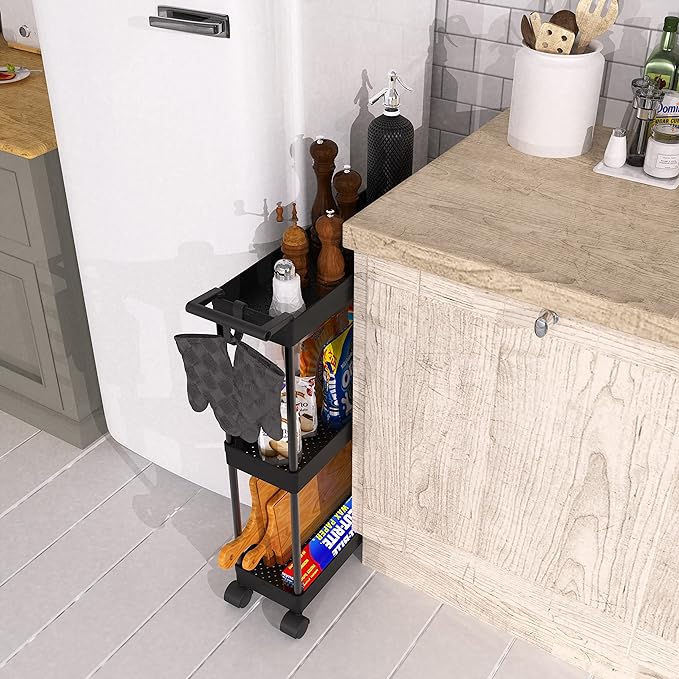 Simple Houseware 3-Tier Slim Rolling Cart w/Handle 5.5" Wx27.5 H, Black | Storage Cart for Narrow Space (5.5-Inch Wide) Kitchen, Bathroom, Laundry Room - Image 4