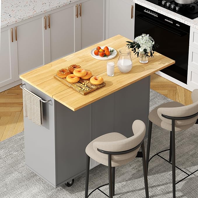 Shintenchi Kitchen Island with Folding Drop Leaf, Rolling Island Table with Storage, Kitchen Cabinet on Wheels with Seating Area for Kitchen, Bar Cart with Cabinet, Gray by Shintenchi%7CFurnitureMadeforRealLife