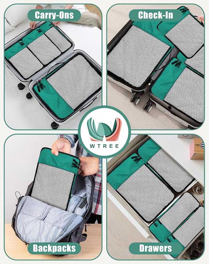 WTREE 4-Piece Packing Cubes Travel Accessories Set for Suitcases - Luggage Organizer Bags with Double Zipper - Mesh Top - Small/Medium/Large/Slim - Green - Image 7