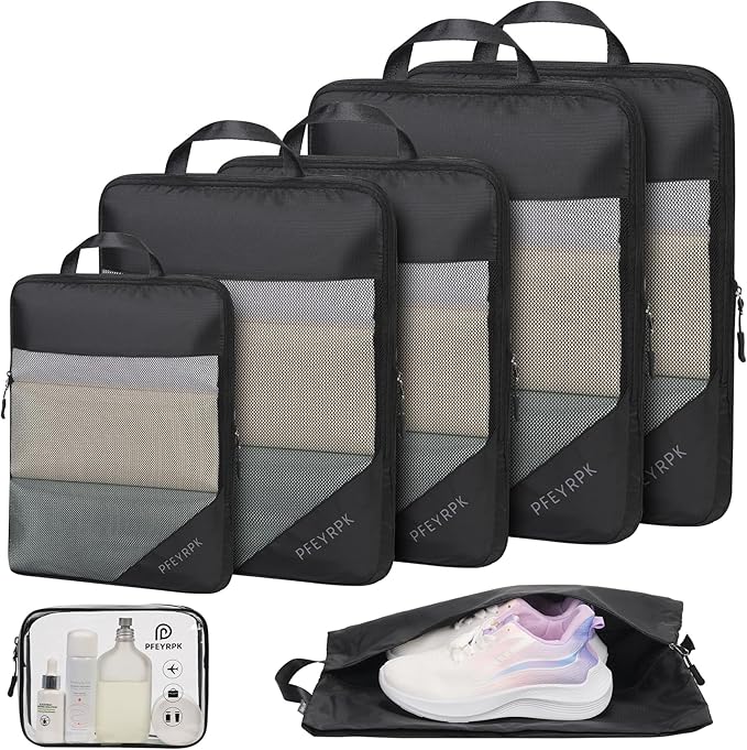 PFEYRPK Lightweight Compression Packing Cubes for Suitcases, Compressible Expandable Travel Packing Organizer with Clear Toiletries and Backpack Bag, Travel Essentials for Carry on Luggage 7 Set by PFEYRPK