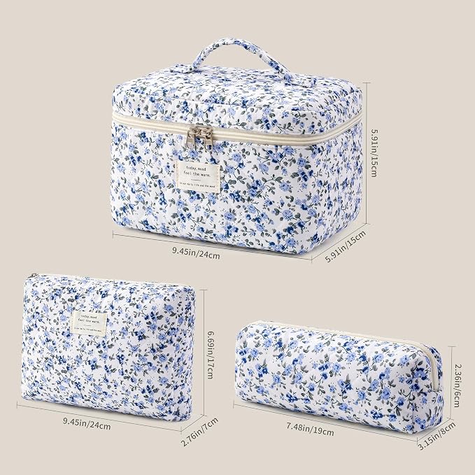 HBselect Quilted Makeup Bag, 3Pcs Cotton Large Travel Makeup Bags Organizer | Cute Floral Make up Bag Cosmetic Bag Toiletry Bag for Women Girls, Makeup Pouch for Skincare, Brushes & Travel Essentials - Image 5