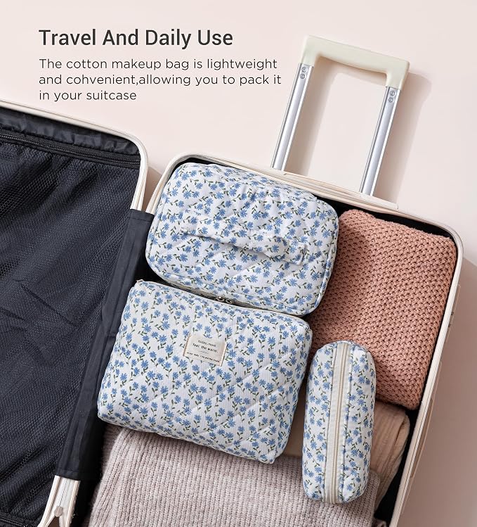 HBselect Quilted Makeup Bag, 3Pcs Cotton Large Travel Makeup Bags Organizer | Cute Floral Make up Bag Cosmetic Bag Toiletry Bag for Women Girls, Makeup Pouch for Skincare, Brushes & Travel Essentials - Image 4