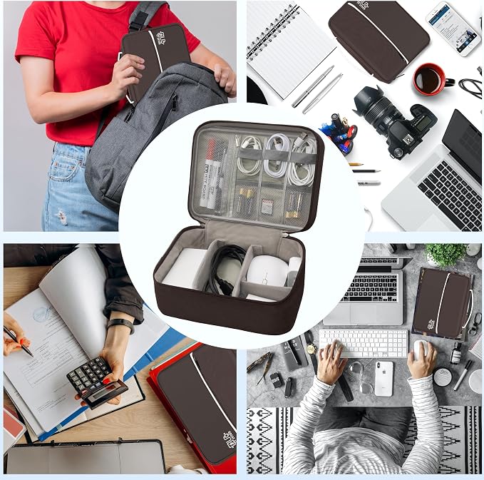 Electronics Organizer,Travel Cord Organizer Pouch,Cable Organizer Bags | Waterproof Electronic Accessories Storage Case for Cables, Cords, Charger, Phone (Double Layer-Brown) - Image 6