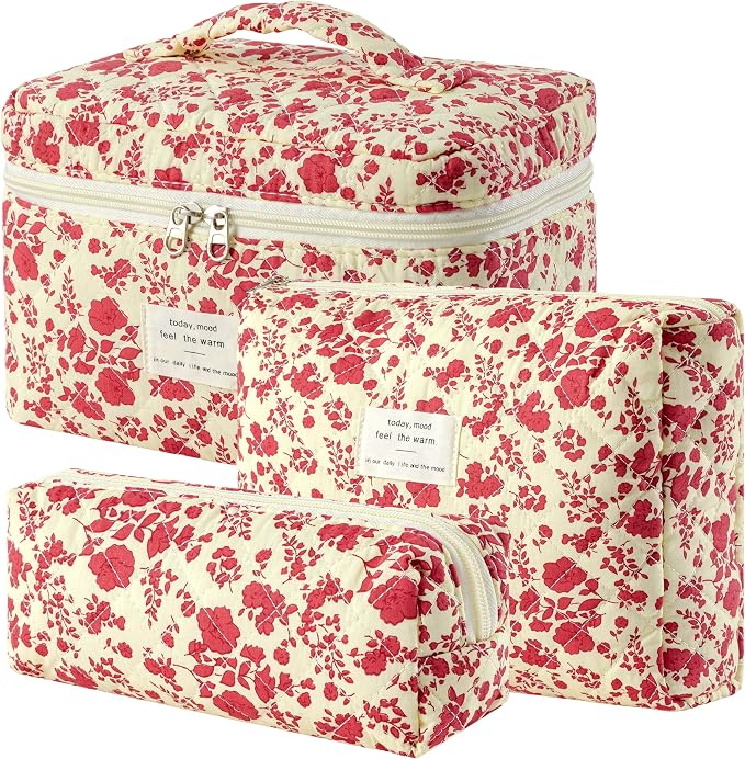 HBselect Quilted Makeup Bag, 3Pcs Cotton Large Travel Makeup Bags Organizer | Cute Floral Make up Bag Cosmetic Bag Toiletry Bag for Women Girls, Makeup Pouch for Skincare, Brushes & Travel Essentials by HBselect