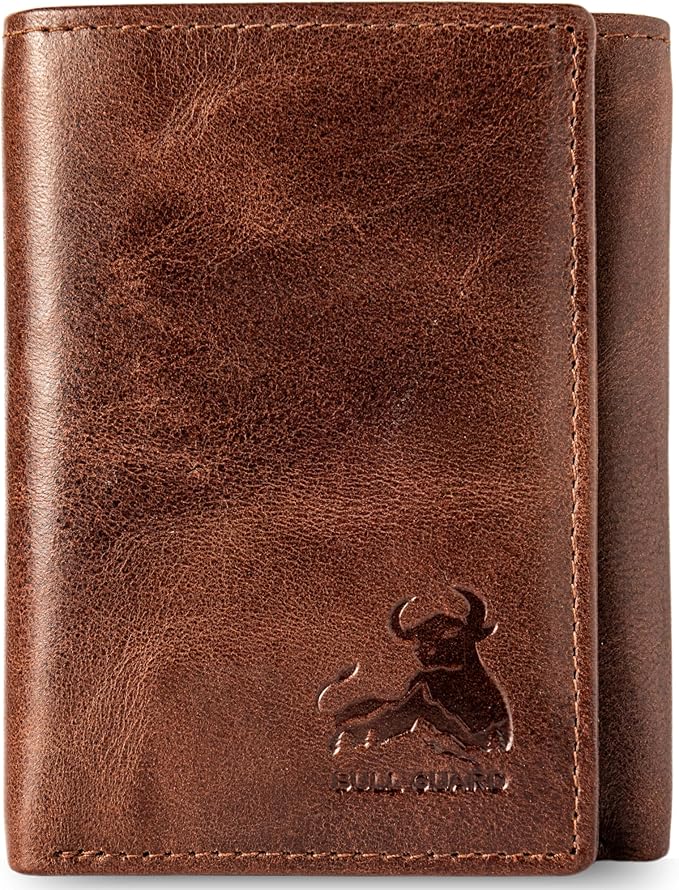 BULL GUARD Best Leather Men's RFID Trifold Wallet With ID Great Outdoor Wallet Durable Top Grain Leather Forest Brown, Double Cash Comparment with Secret Pocket, Compact & Secure Design, In Gift Box by BullGuard