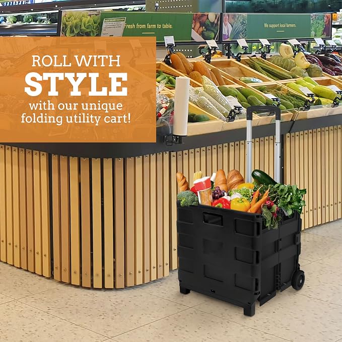 Inspired Living Collapsible Ultra-Slim Pack-N-Roll, 2 Wheel Utility Cart , With Telescopic Handle - Super Strong up to 80 Lbs Load Capacity, Black - Image 7