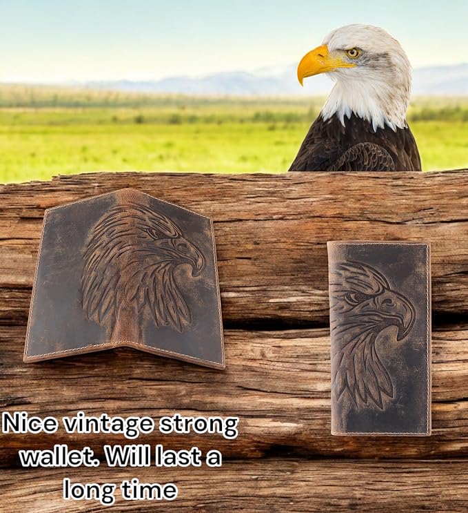 F&L CLASSIC Men's RFID Vintage Look Genuine Leather Long Bifold Wallet Checkbook Wallets,brown eagle head,240-102 - Image 6