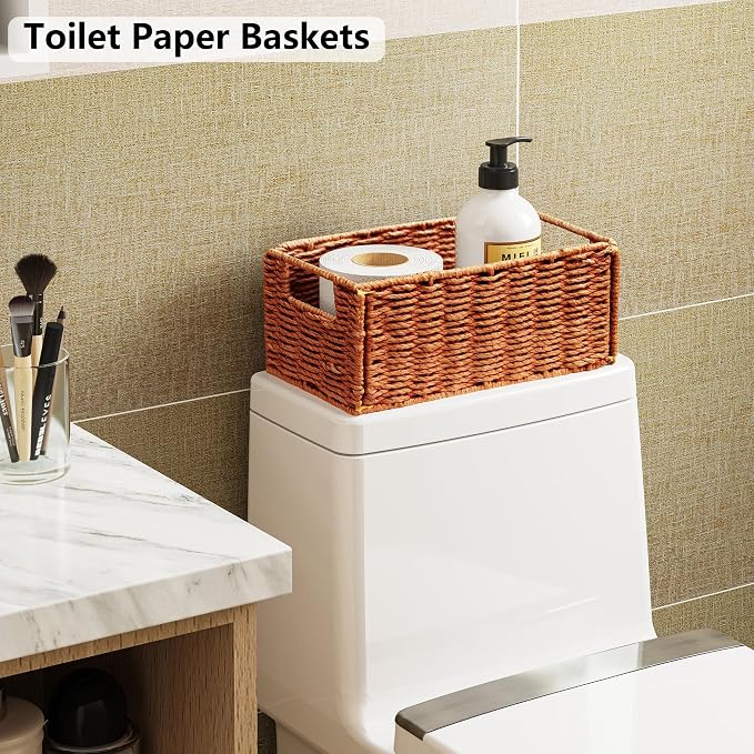 Wicker Storage Basket, Set of 2 Hand-Woven Paper Rope Wicker Basket, Small Storage Baskets for Organizing Toilet Paper, Foldable Small Cube Organizer Bins for Shelves (Orange) - Image 5