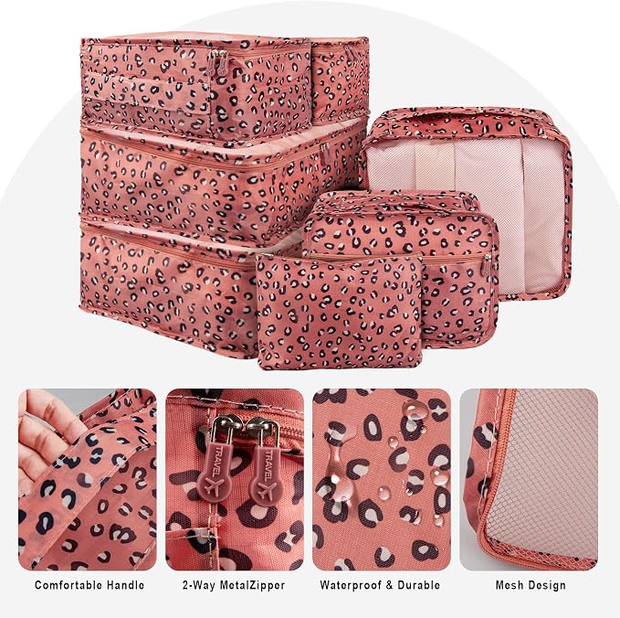 Vercord 7 Set Travel Packing Organizers Cubes Luggage Suitcase Organizer Bags Clothes Underwear Cube Shoe Pouch Pack Pink Leopard - Image 4