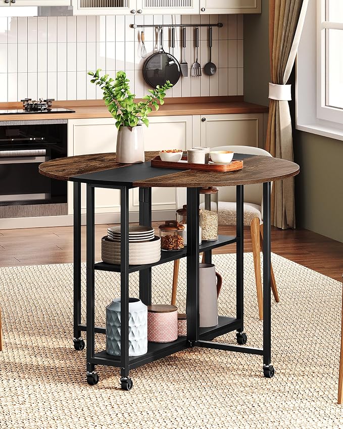 Folding Dining Table, Kitchen Table with 6 Wheels, Folding Round Table with 2-Layer Storage Shelf, Space Saving Dining Table for Small Spaces, Stable, Easy Assembly, Rustic Brown TCZ03BF by Choezon