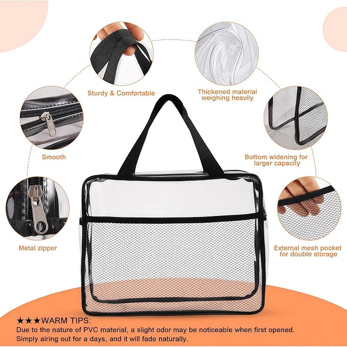 XEWEA 2PCS Large TSA Approved Clear Travel Toiletry Bags For Men Women | Transparent Makeup Cosmetic Bag with Handle Pocket, Waterproof PVC Quart Organizer for Toiletries Airline Essential, Black - Image 3