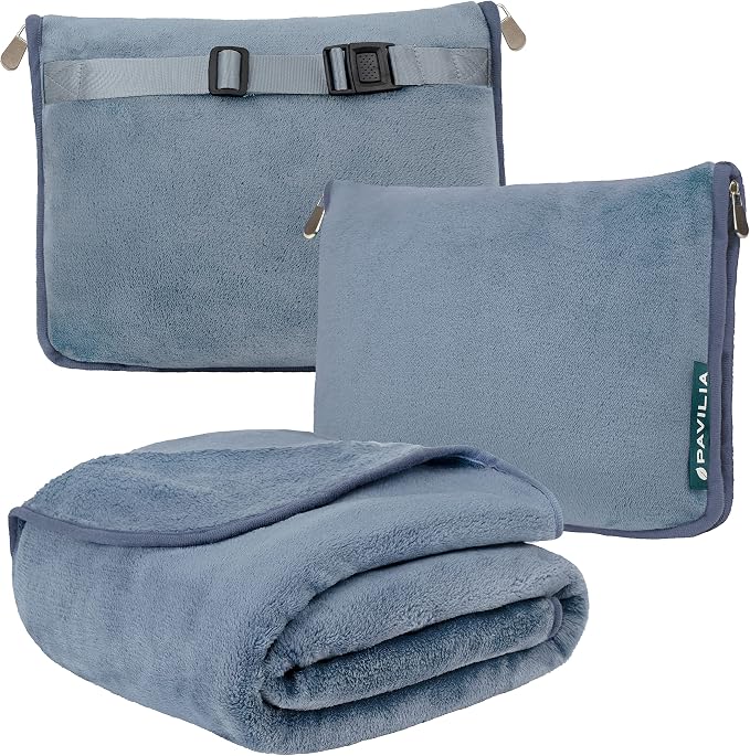PAVILIA Travel Blanket Pillow, Soft Airplane Blanket 2-IN-1 Combo Set, Plane Blanket Compact Packable, Flight Essentials Car Pillow, Travelers Gift Accessories Luggage Backpack Strap, 60x43 Slate Blue by PAVILIA