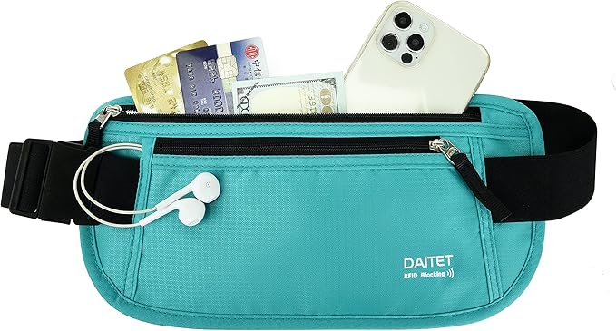 RFID Blocking Money Belt for Men Women, Slim Fanny Pack for Travel，Running,Conceal Waist Wallet for Passport Holder,Phone,Cash(Black Mint Green) by DAITET