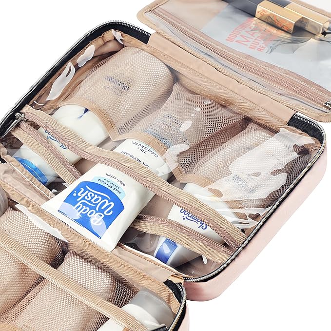 NISHEL Travel Toiletry Bag for women, Portable Hanging makeup Organizer | for Travel-Sized Shampoo, Conditioner, Brushes Set, makeup Accessories, Medium Size, Pink - Image 6